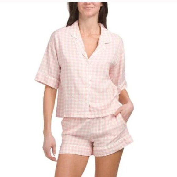 NWT TART Micro Pink Gingham 2pc Kine Top and Shorts Pajama Set with side Pockets - Picture 1 of 10